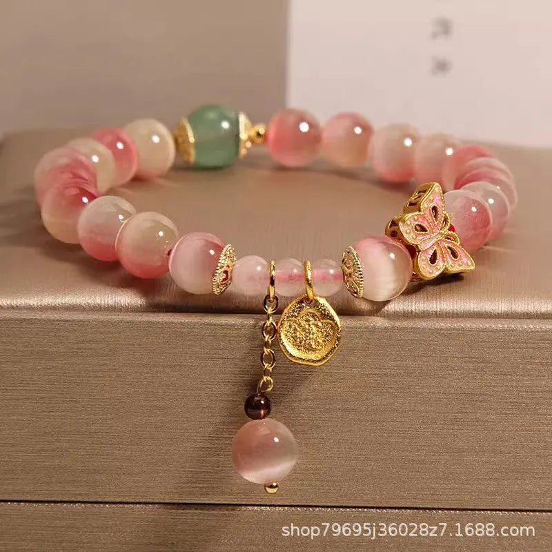 Pink opal butterfly women's bracelet with Chinese style design and electroplated finish