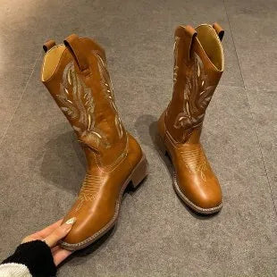 Brown women's mid-calf embroidered Martin boots with leather lining and square heels