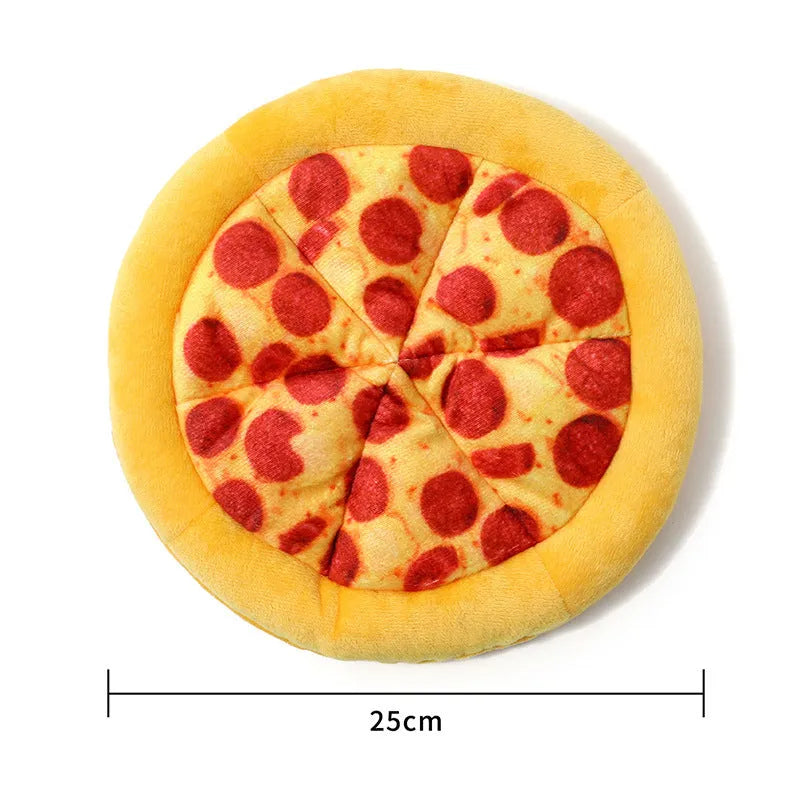 Yellow pizza slice dog chewing toy with teddy bear texture and squeaker