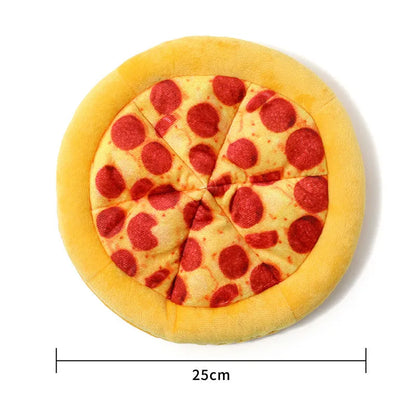 Yellow pizza slice dog chewing toy with teddy bear texture and squeaker