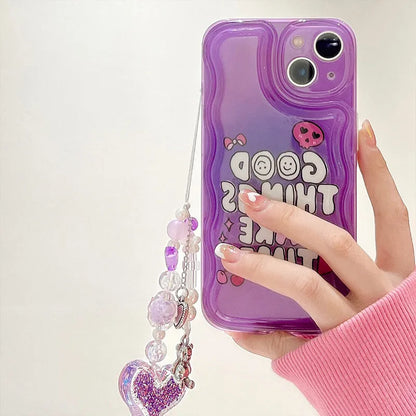 Purple graffiti love design iPhone 14 case with wrist chain attachment point and TPU bumper protection
