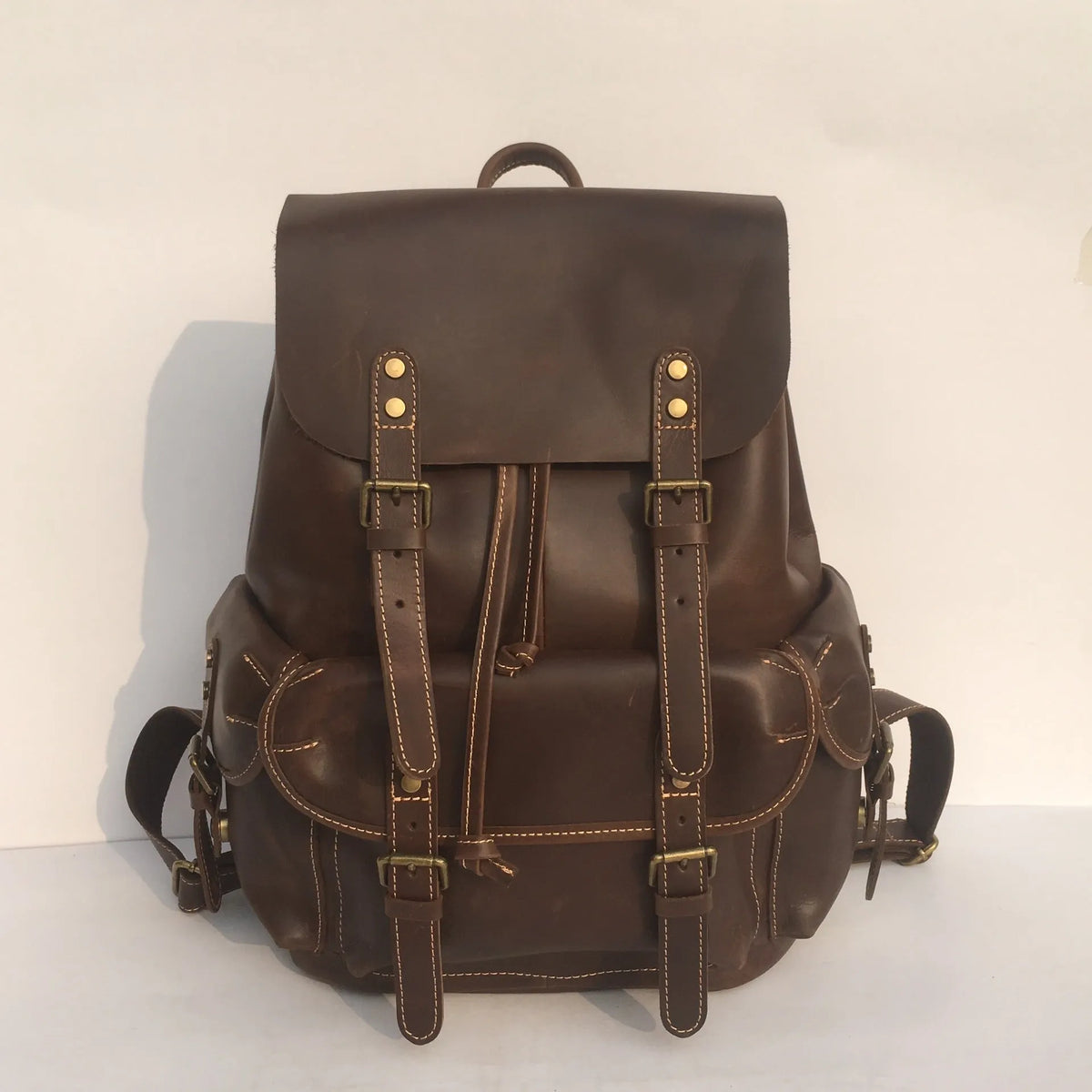 Brown genuine leather men's back package with air pillow belt system