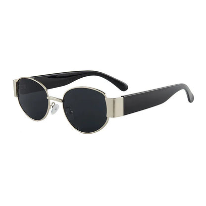 Small round sunglasses with plastic and metal frame, AC lenses, and UV400 anti-UV grade, shown in gold or silver colour options