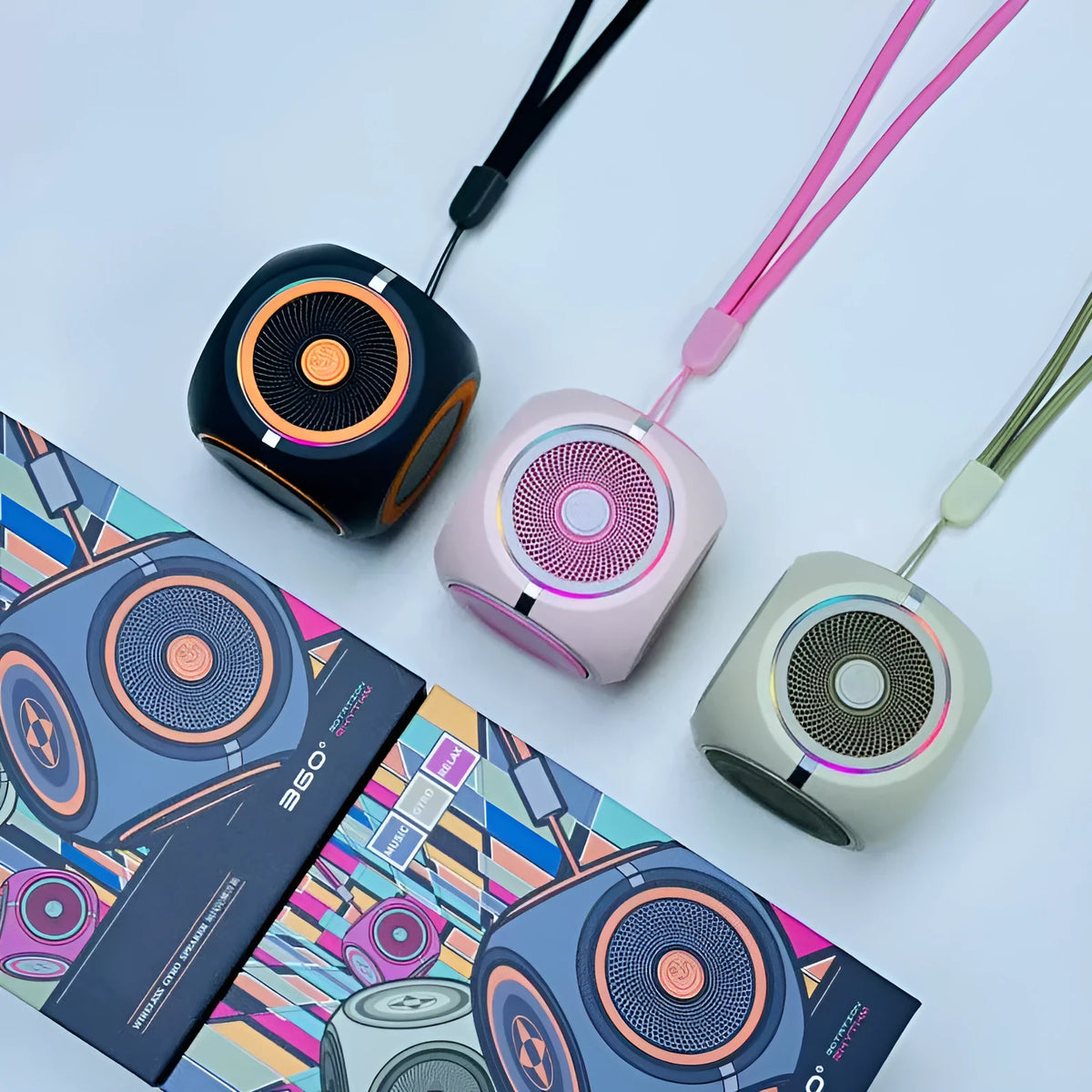 Rotating gyro bass Bluetooth speaker in black, pink or green, 53x51x51mm, with USB cable