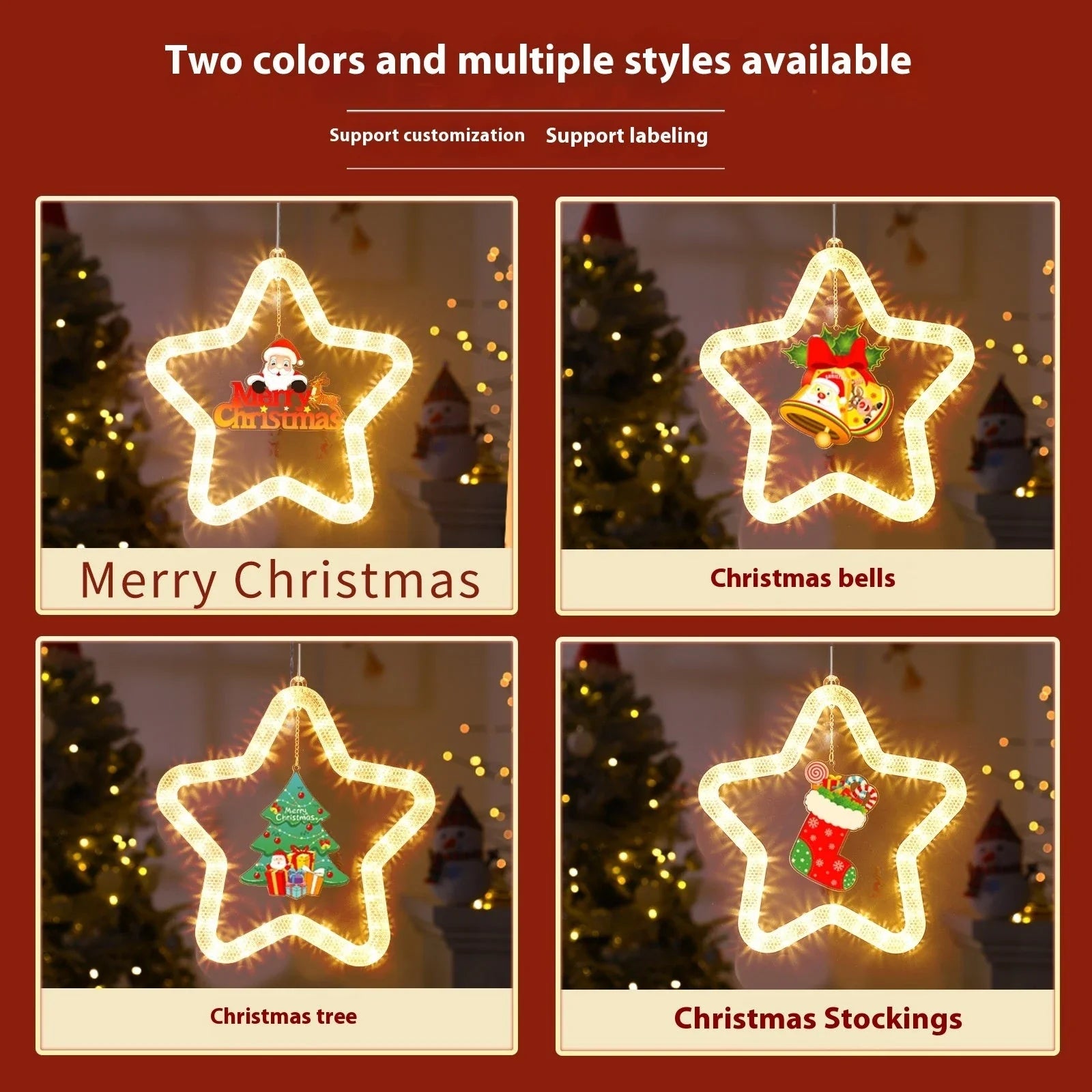 Festive LED Christmas star pendant light with five-point design, perfect for holiday decorations on windows, doors, and more