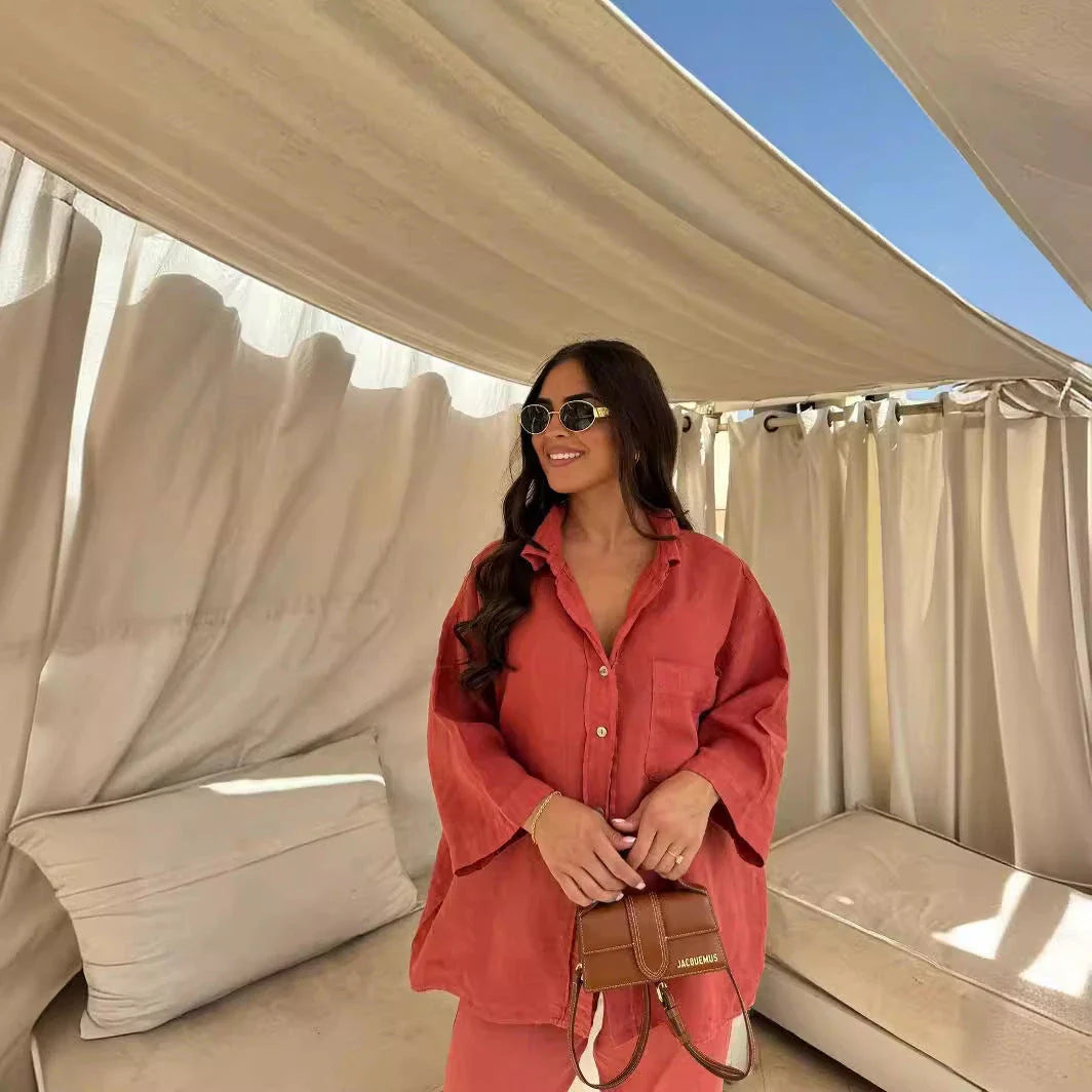 Stylish polyester wide-leg pants and long-sleeve shirt set in a variety of colors including beige, black, orange red, army green, and khaki
