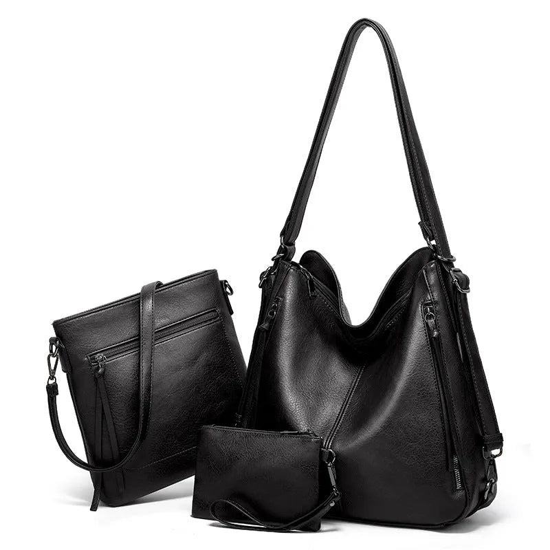Women's three piece bag set in PU with tote, crossbody and back bag, 34 x 12 x 34 cm, zip closure
