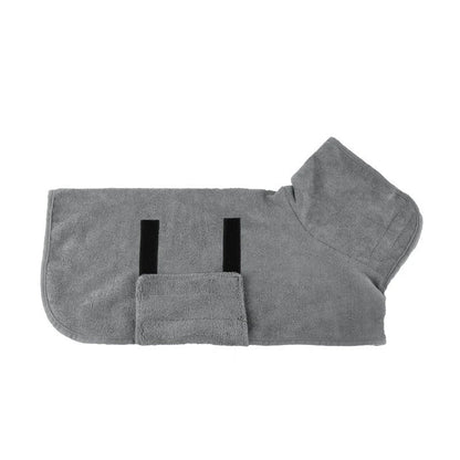 Absorbent pet drying robe with adjustable waist wrap, made of premium microfiber and terry cloth for quick drying and comfort