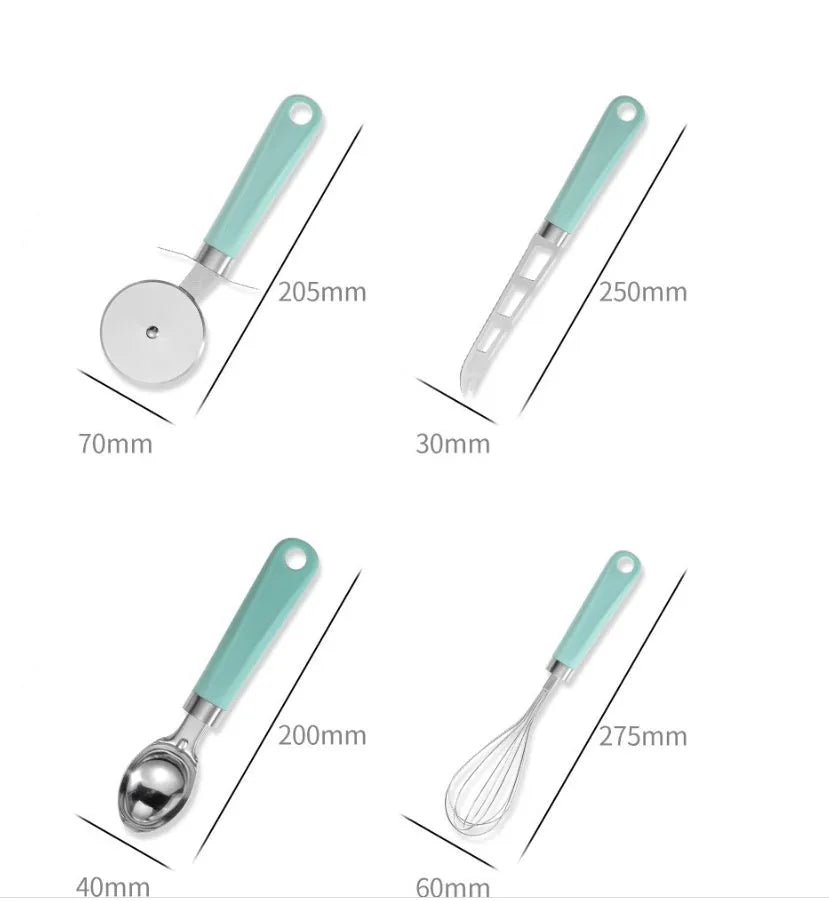 Nine-piece kitchen utensil set with stainless steel heads and plastic handles in four colour variations