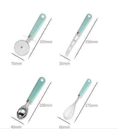 Nine-piece kitchen utensil set with stainless steel heads and plastic handles in four colour variations