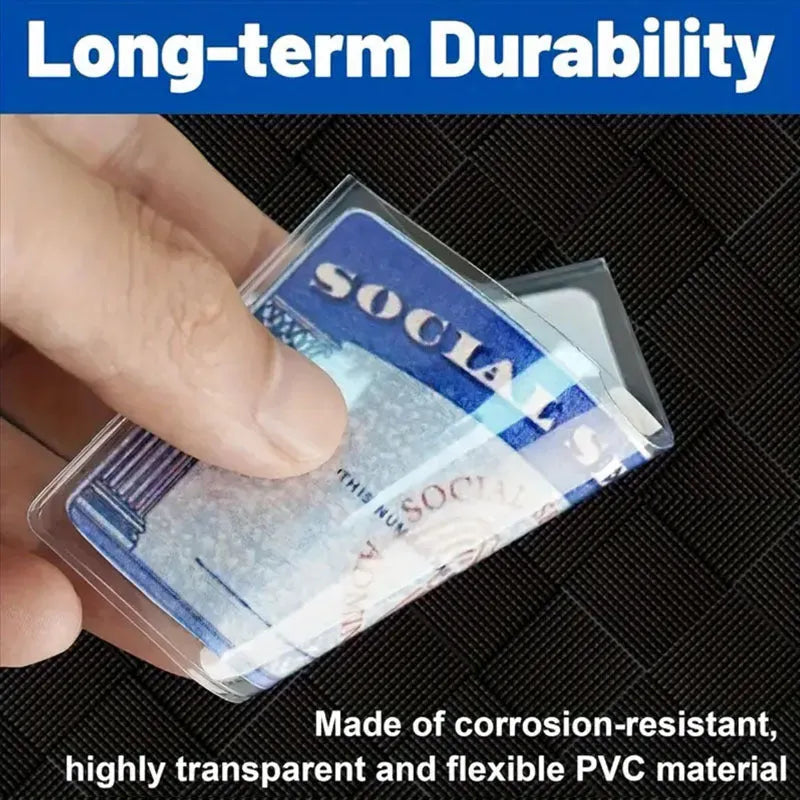 Clear transparent PVC social security card holder with dimensions 9.7cm by 5.9cm.