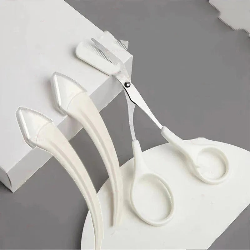 A curved moon-shaped eyebrow trimming knife and a cutting comb on a white background.