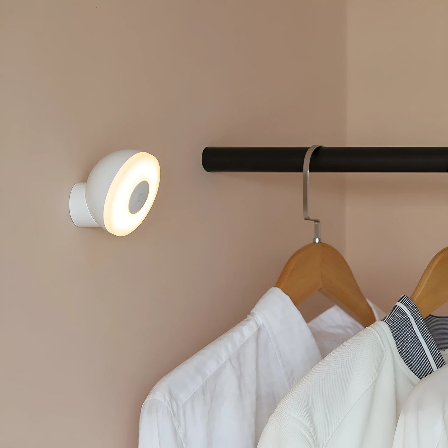 White Mijia Bluetooth bedside lamp with human body sensor on a wooden table.