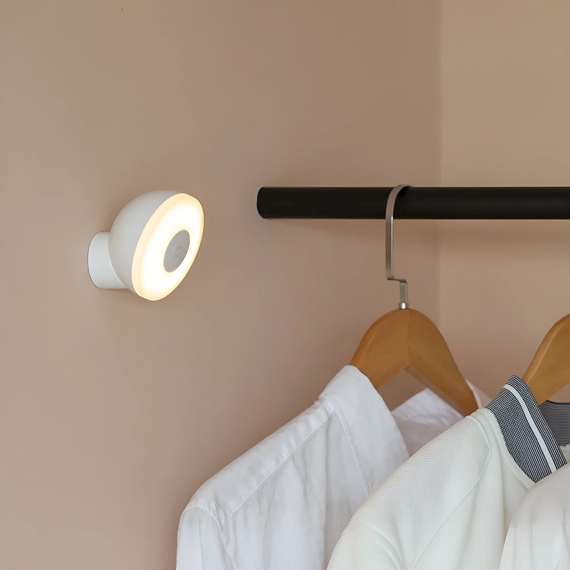 White Mijia Bluetooth bedside lamp with human body sensor on a wooden table.