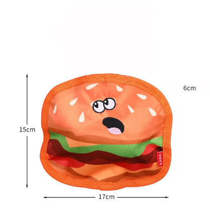 Hamburger-shaped crinkle and squeaky dog toy with vivid colours for puppies and dogs