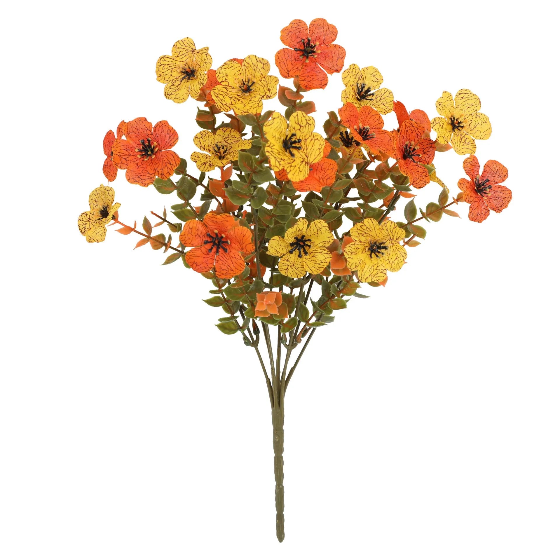 Artificial flower bouquet in autumn colours of red, yellow, and orange made from plastic and silk.