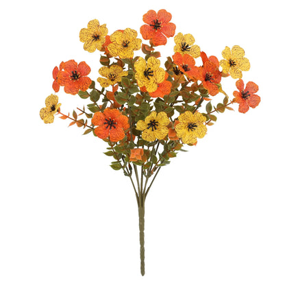 Artificial flower bouquet in autumn colours of red, yellow, and orange made from plastic and silk.