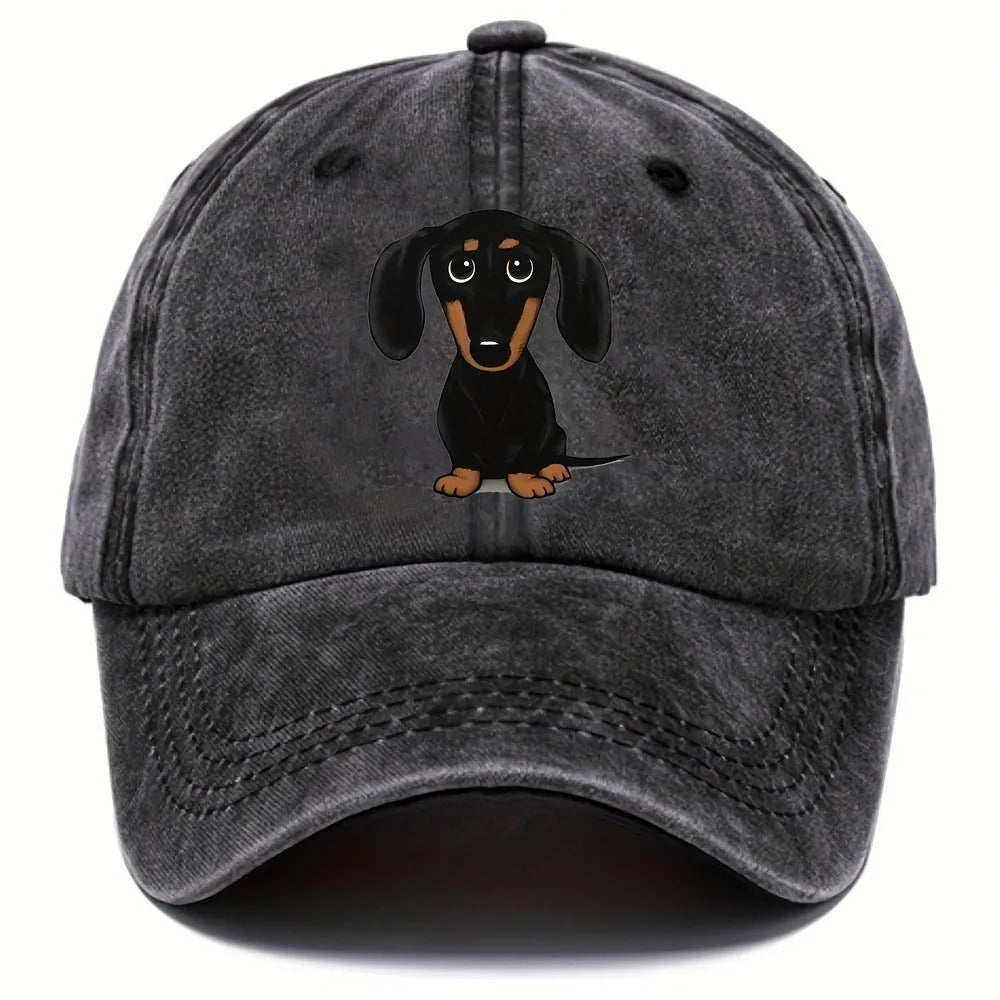 Retro washed cotton baseball cap with an embroidered Dachshund dog print on the front.