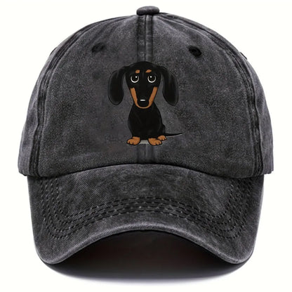 Retro washed cotton baseball cap with an embroidered Dachshund dog print on the front.