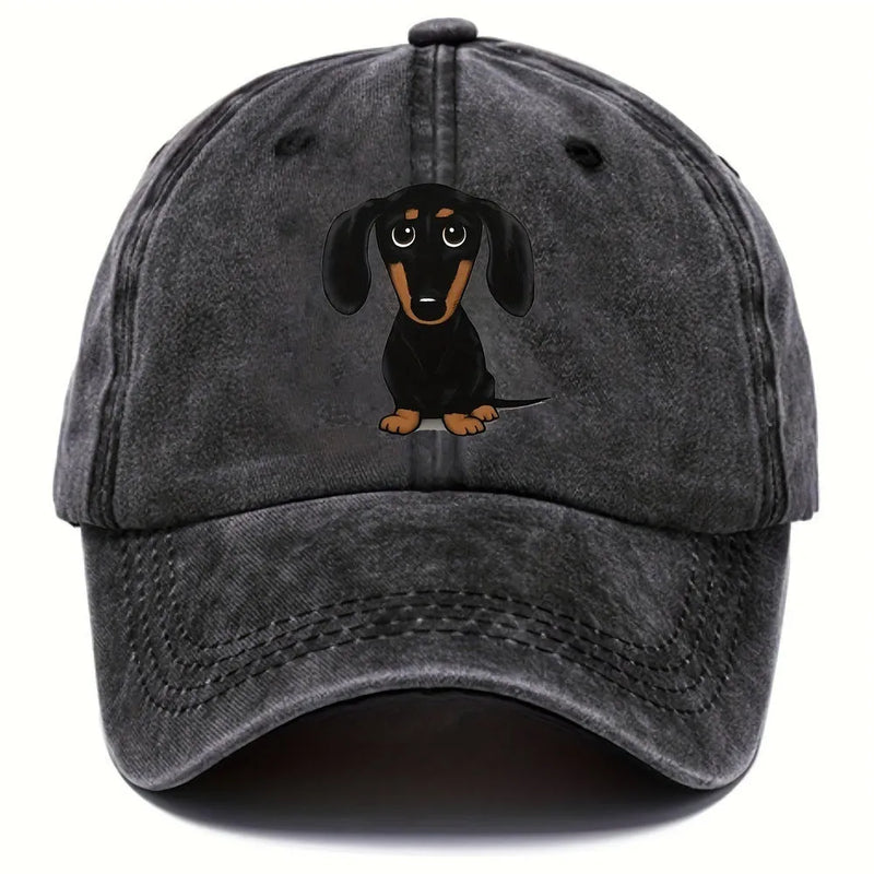 Retro washed cotton baseball cap with Dachshund print in a breathable, sun protective design, available in six colour options and size M (56-58cm) for a comfortable, casual fit.