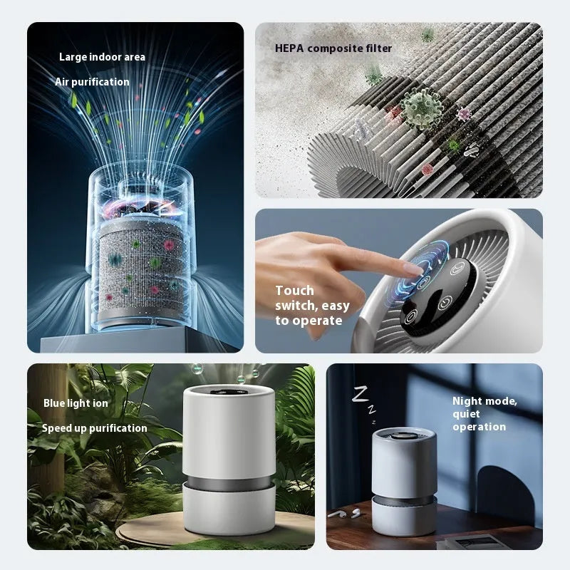 White simple style desktop air purifier with USB Type-C cable on a wooden desk.