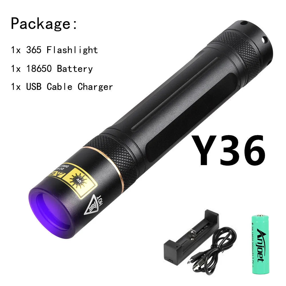 Y36 8006 365nm UV LED flashlight in aluminium alloy with 5W power and 18650 battery option
