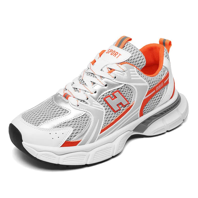Men's mesh running shoes with plastic sole in black, white and grey, or white and orange colours