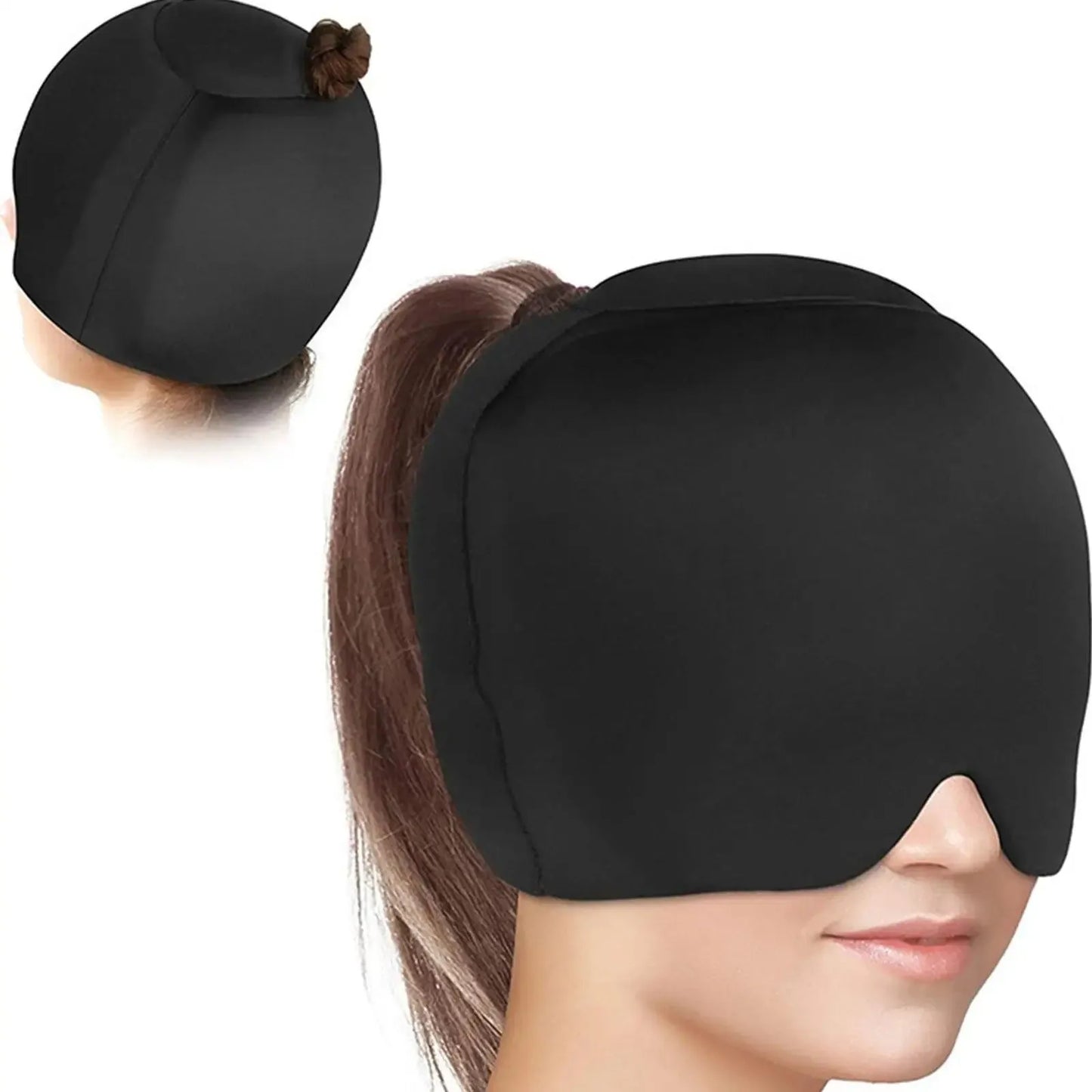Simple solid colour cold compress cap in black, dark blue, or pink with fully enclosed design for head cooling