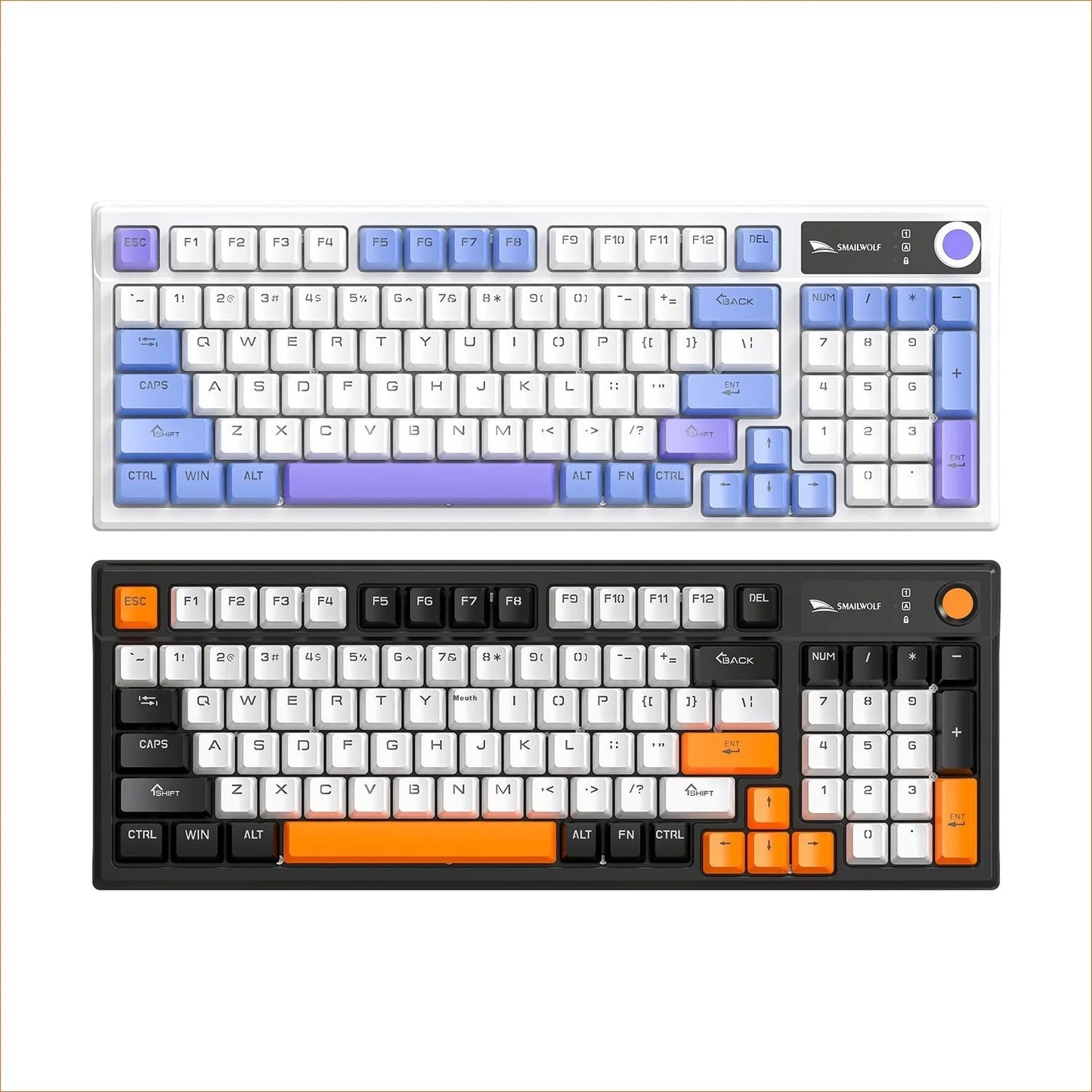 SK15 wired mechanical keyboard with rotary knob in choice of sunset orange, autumn water blue, or black colour for e-sports gaming