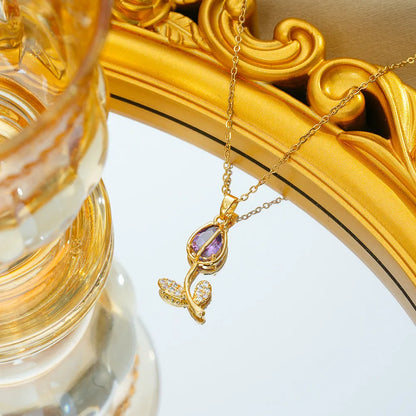 Zircon Tulip necklace with floral pendant on adjustable O-ring chain in gold colour options