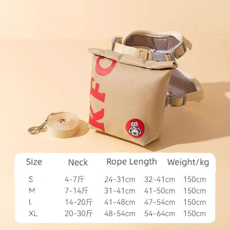 Cartoon hamburger chips design adjustable pet vest leash rope with backpack in multiple sizes