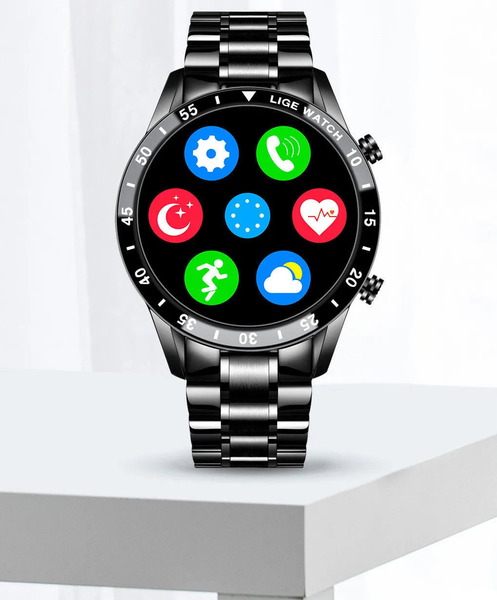 Stainless steel smart watch with black strap and 1.3-inch touch screen display.