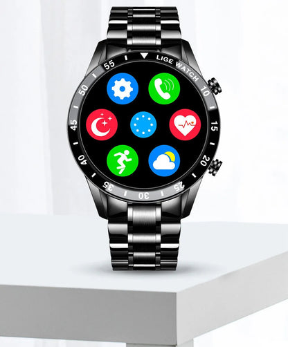 Stainless steel smart watch with black strap and 1.3-inch touch screen display.