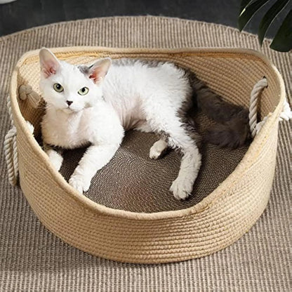 Wicker cat bed basket with integrated corrugated cardboard scratching panel, shown in a home setting.