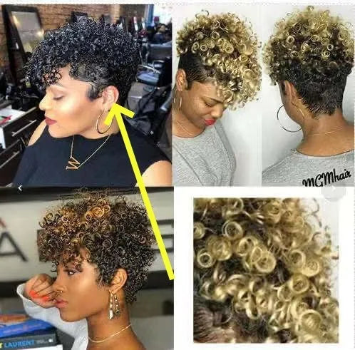 Women's short synthetic wig in simple rolls exotic style, shown in black, brown, gold, and grey colour options.