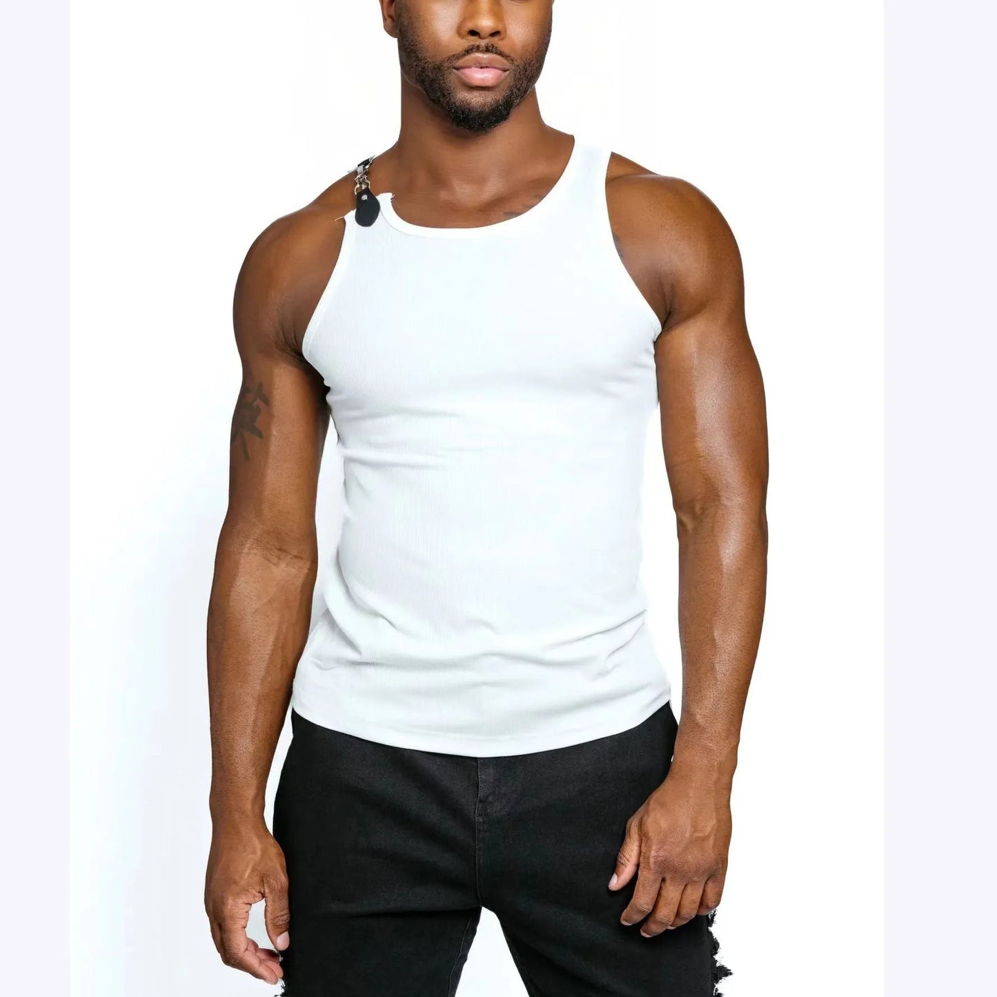 A sleeveless tight-fit vest in a solid colour, shown in either white or black.
