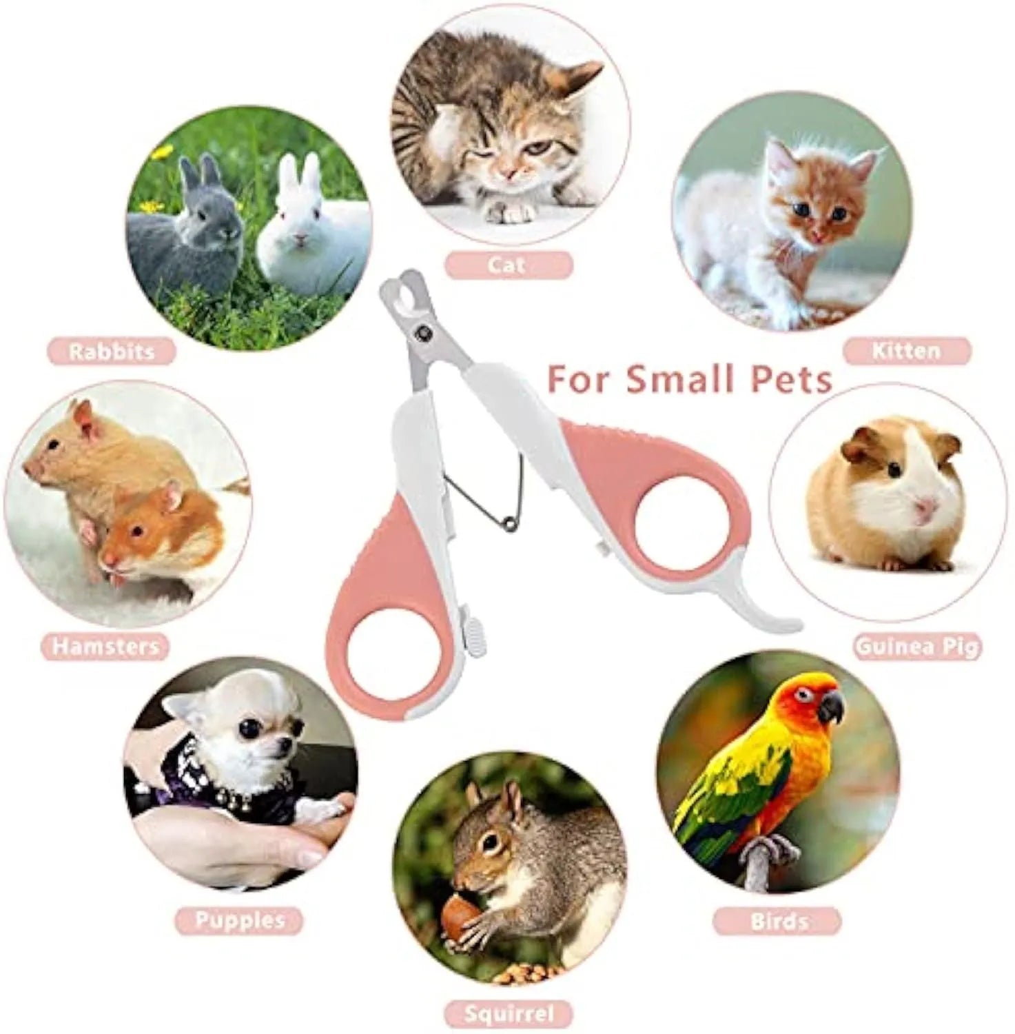 Grey and pink handled cat nail clippers with angled blade and safety lock for small pets