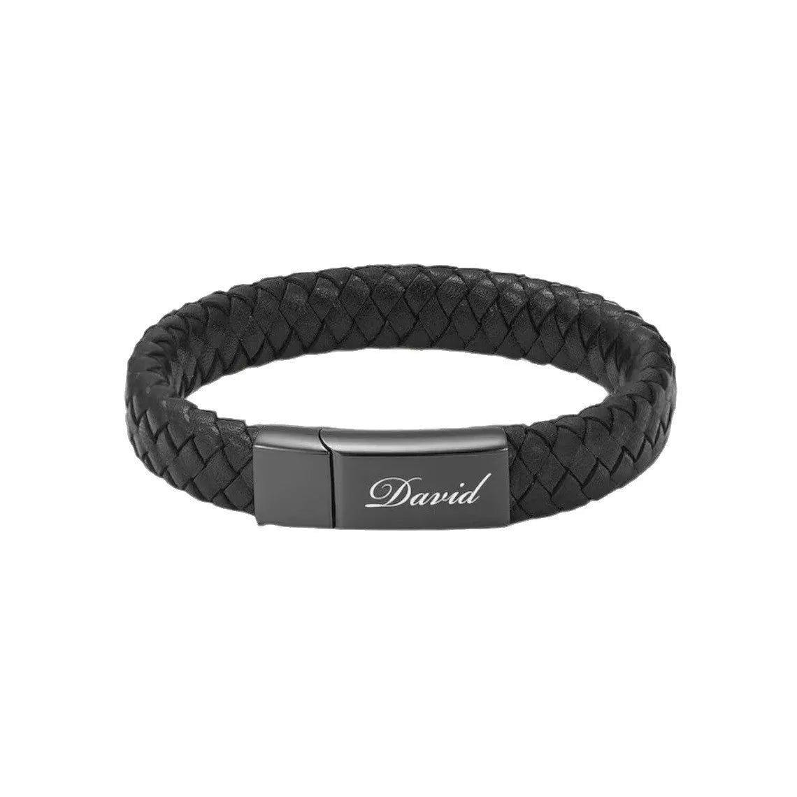 Black leather and stainless steel cinerary bracelet with personalised English letters, presented in a gift box.