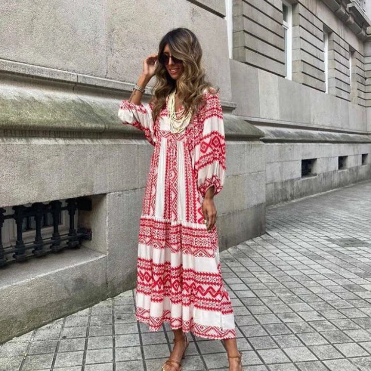 Boho Chic Midi Dress with Floral Print, V-Neck, and Short Sleeves