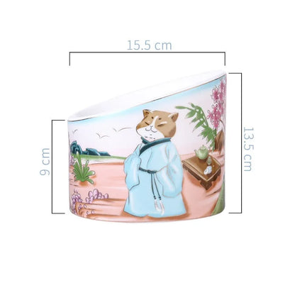 Chinese style ceramic cat bowl with high legs and double compartments