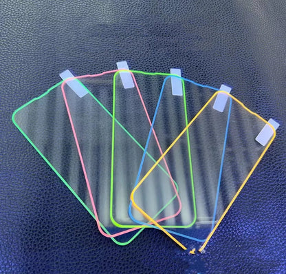 Fluorescent tempered glass screen protector for iPhone with luminous glow in pink, yellow, green, blue, and grass green colours