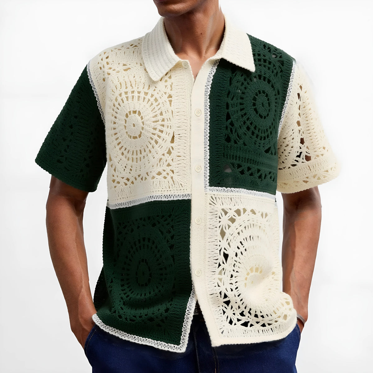 Beige men's knit shirt with colourblock pattern and flocking detail on short sleeves