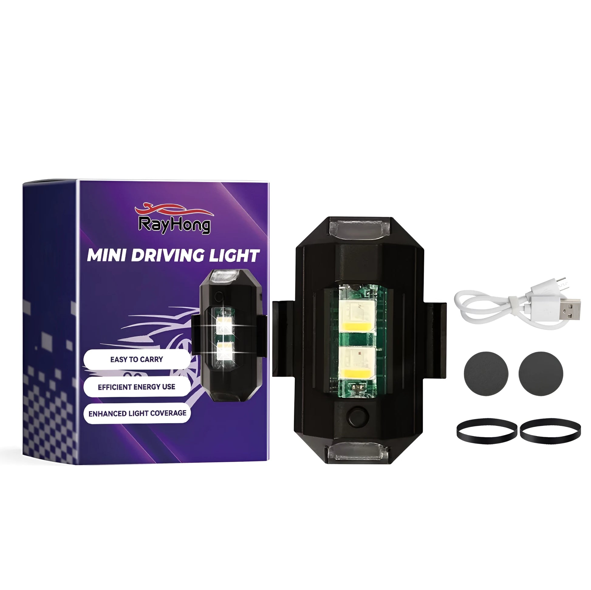 Mini driving light kit with compact 1.3x3.9cm lights, magnetic mount, V8USB cable, and mounting accessories