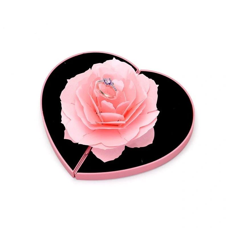 Heart-shaped 3D Love Box with rotating rose flower for ring display in red and pink