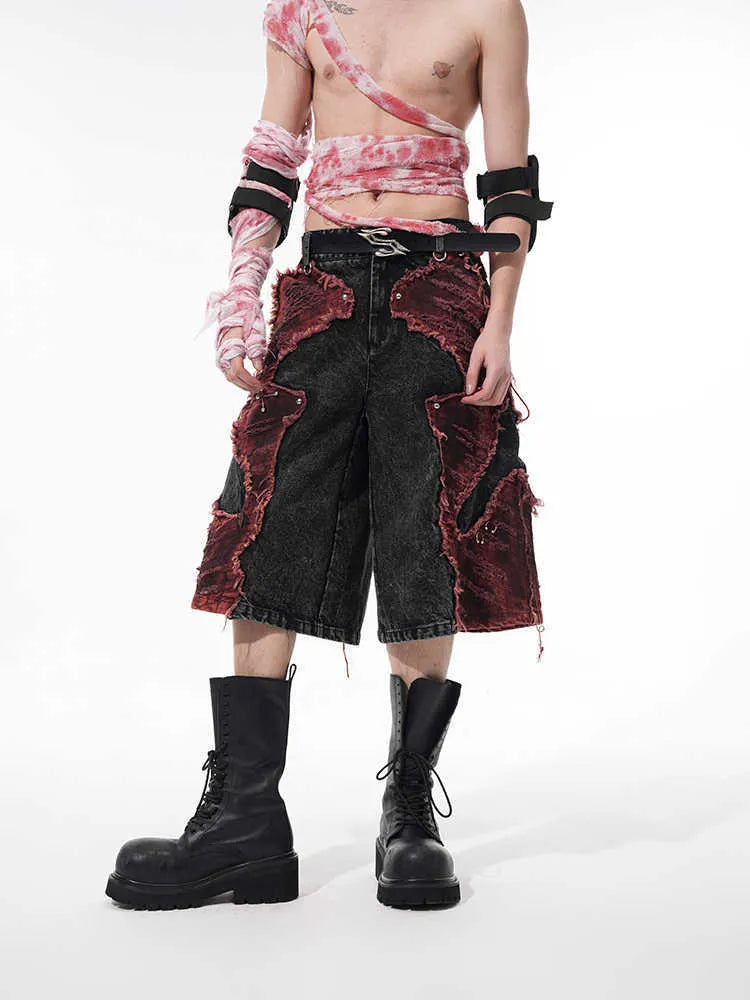 Women's distressed denim cropped wide-leg pants with brushed stitching and mid-high waist