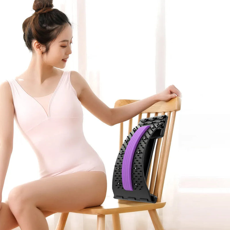 Back stretcher with adjustable 3-gear cracker massage for lumbar spine pain relief, featuring 8+ massage heads and magnetic therapy options in multiple colours including blue, green, pink, purple, and red for neck and waist support without power supply