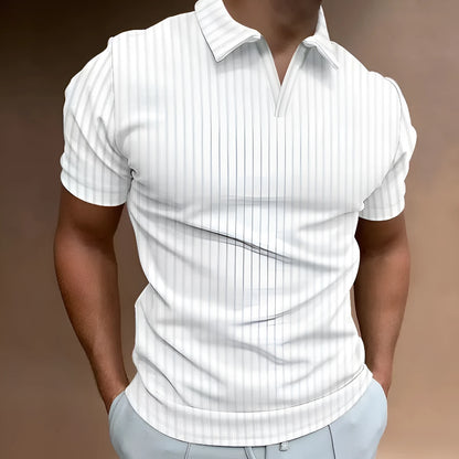 Men's striped V-neck polo shirt in cotton blend fabric for summer sports wear