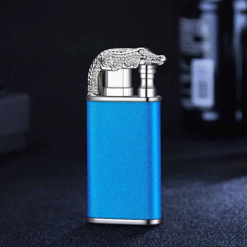 Metal windproof lighter with double flame and dragon design, showing flame from mouth.