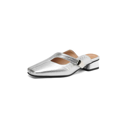 British style square toe outdoor slippers in black with low heel and rubber sole