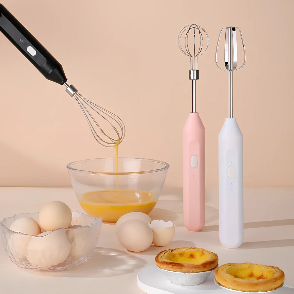 Black handheld electric egg beater with stainless steel beaters and 3-speed control buttons